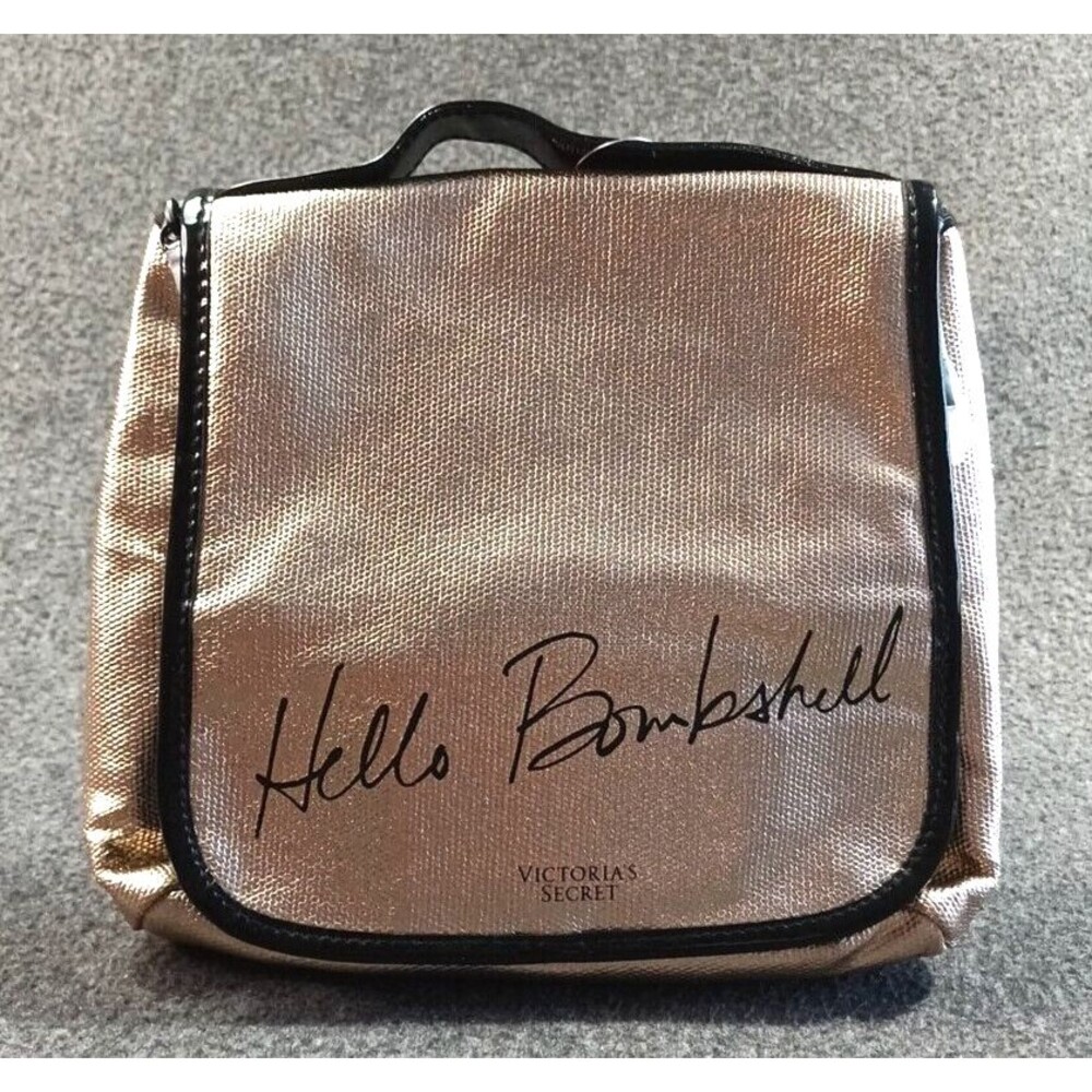 Victoria's Secret HELLO BOMBSHELL Gold Travel Makeup Beauty Bag Hanging Pouch